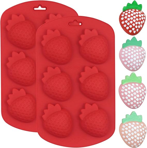 3D Strawberry Baking Mold for Chocolate, 6-Cavity Strawberry Silicone Cake Pan Molds, BPA Free Fruit Snack Molds Silicone for Candle Making Soap Ice Cube Candy Gummy Fondant Jelly, Set of 2, Red
