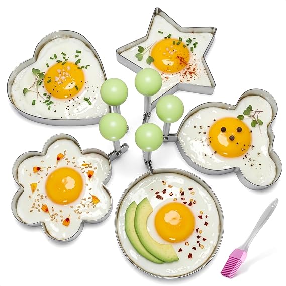 5 Pcs Pancake Mold Set, Stainless Steel, Foldable Handles | Pancake Molds for Griddle, 3.15 in Egg Ring Shaper for Omelets & Hash Browns, Stay-Cool Silicone Grips, Dishwasher Safe