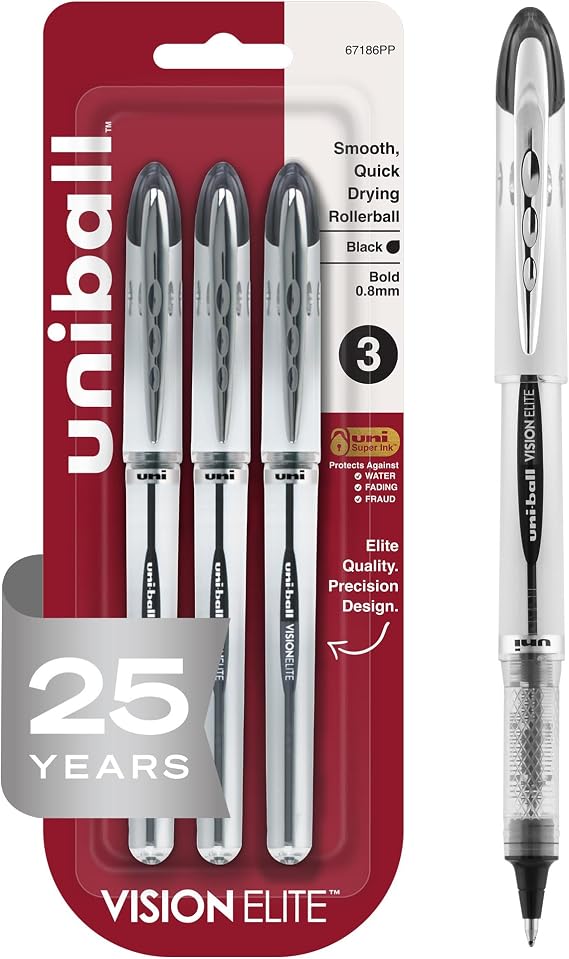 uniball Vision Elite Rollerball Pens, Bold Point (0.8mm), Black, 3 Pack