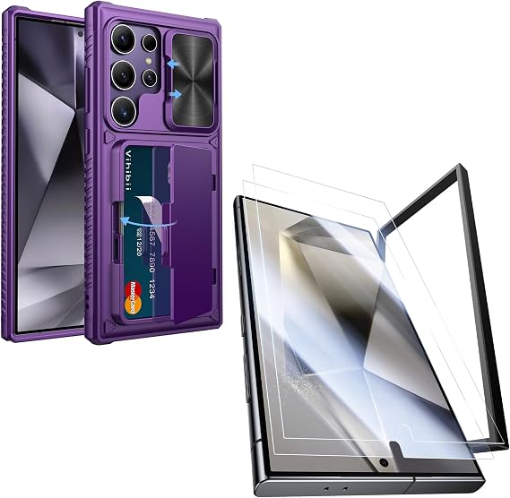 Vihibii for Samung Galaxy S24 Ultra Case with Card Holder & Screen Protector [2 Pack] & Slide Camera Cover, Bulit-in 9H Hardness & HD Tempered Glass Film with Easy Installation Tool 6.8", Dark Purple