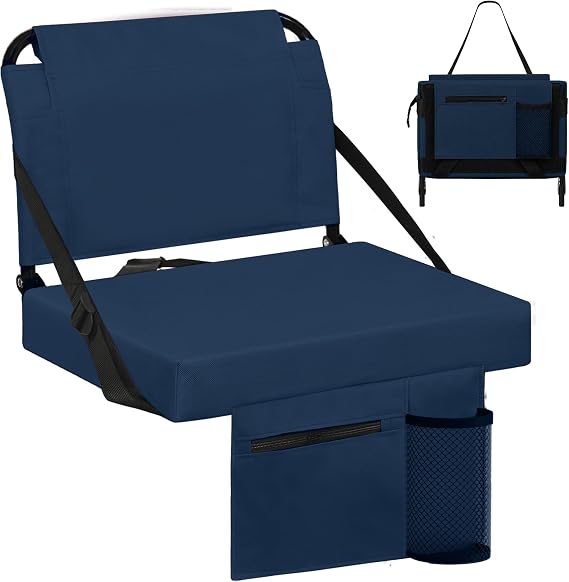 Stadium Seats for Bleachers with Back Support Bleacher Seat Soft Cushion Light Weight Includes Shoulder Strap & Cup Holder, Front & Back Zipper Pocket, Suitable for Sports Events,Navy