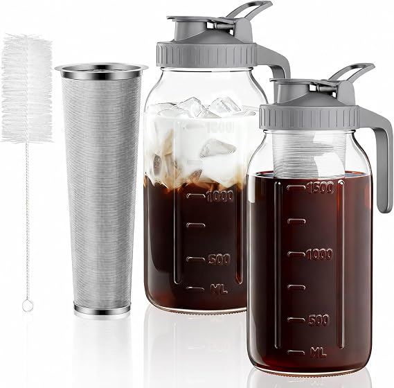 64 oz Cold Brew Coffee Maker, Mason Jar Pitcher with Stainless Steel Filter | Airtight, Leak Proof, 100 Micron Weave, Wide Mouth, Pour Spout Lid, Thick Glass, Fridge Safe, Ergonomic Handle, BPA-Free