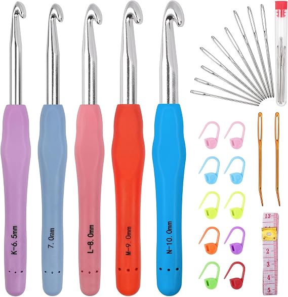 Large Crochet Hooks 5 Sizes Crochet Hook Set, 29 Pack Yarn Needle Kits for Beginners, Knitting Needles with Ergonomic Handles for Arthritic Hands, 6.5mm 7.0mm 8.0mm 9.0mm 10.0mm Crochet Needle Kit