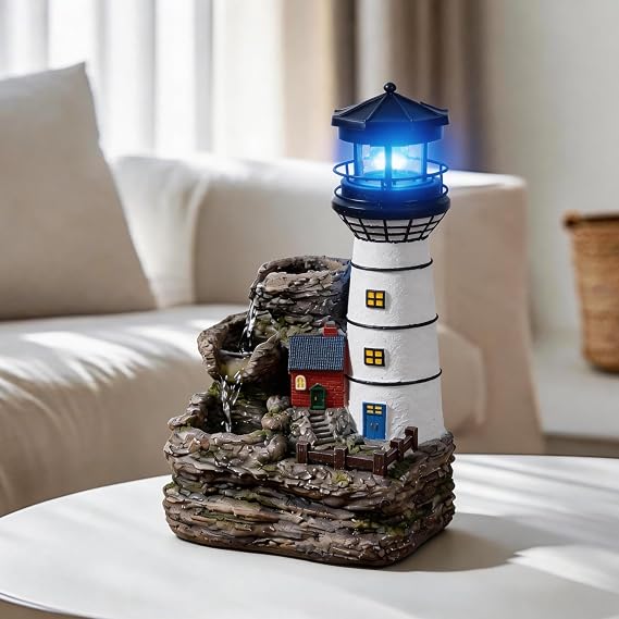 Tabletop Water Fountain Mediterranean Style Resin Lighthouse Ornament, Waterfall Leisure Rustic Decoration, Healing Decor, with Pump and LED Light 