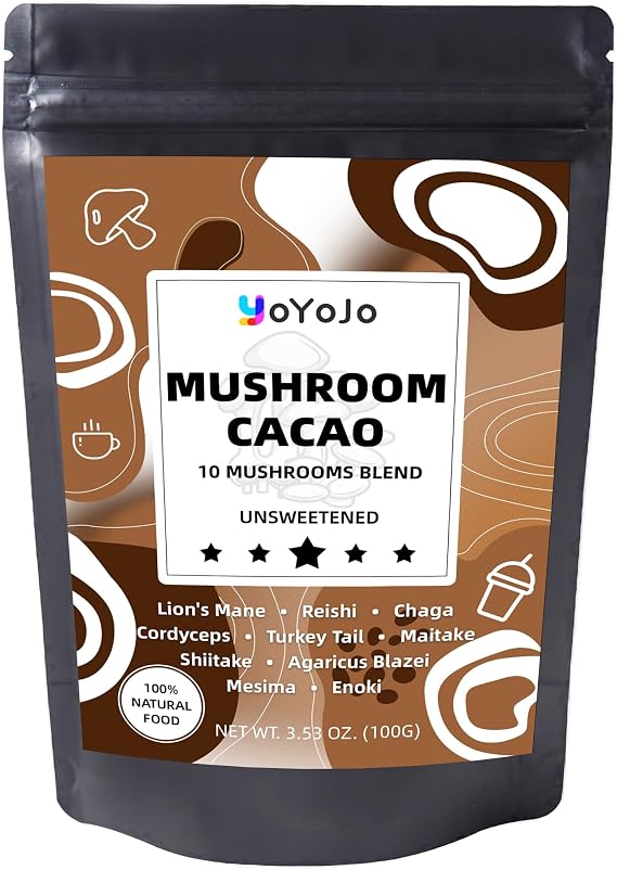 Mushroom Cacao Mix, Organic Raw Cacao with 10 Mushrooms Powder, Non-GMO, Vegan, Gluten Free, Unsweetened Hot Chocolate Natural Supplement, 3.53oz