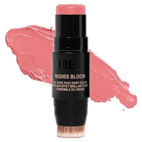 Nudestix Nudies Bloom All Over Dewy Color 3-in-1 Cream Blush Stick for Cheeks, Eyes & Lips with Built-In Brush | Sheer, Glossy Finish | Vegan, Long-Wear, Multi-Use Makeup