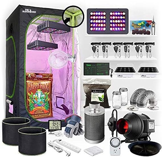 The Bud Grower - Indoor Home Grow Kit - Complete with Tent, 600 Watt LED (Dual 300-Watt) Grow Light, Heat & Humidity Monitor, and CFM Inline Exhausting Fan, Premium Potting Soil - 24" x 24" x 60"