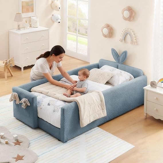 Twin Bed Frames with Rails for Girls, Boucle Upholstered Daybed Frame with Padded Guardrail& Side Pocket, Toddler Kids Bed No Box Spring Needed, Fits Standard Twin Mattress (Cute Rabbit Ear, Blue)