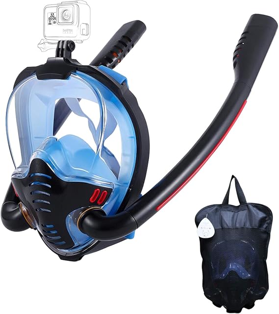 Full Face Snorkel Mask with Anti-Fog Wipes, 180 Degree Panoramic HD View Snorkeling Mask, Anti-Leak Dry Top Set for Adults and Kids (Black & Blue, L/XL)