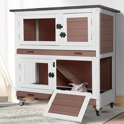 2-Tier Wooden Rabbit Hutch Indoor Bunny House Guinea Pig Cage with Sliding Plastic Trays Wheels for Easy Cleaning Ventilation Design and Mobility, 36 Inch Small Animal Home Brown, M