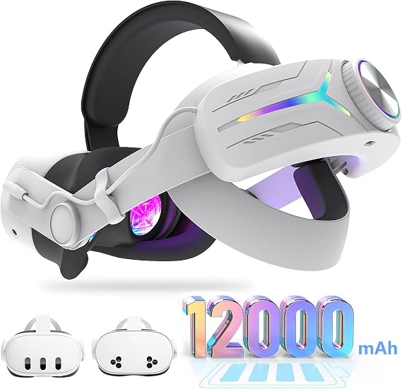 RGB Light Battery Head Strap for Meta Quest 3/3S with 12000mAh_White | Fast Charging Power Extends 6-8 Hours Playtime RGB Lighting & Comfortable Fit Adjustable Elite Strap in VR