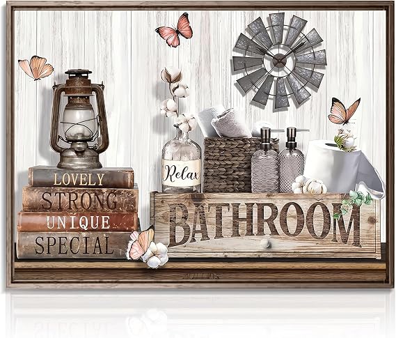 Dazzlewall Farmhouse Wall Decor - Rustic Cotton Flower and Butterfly Art - Country Bathroom Signs Pictures for Home - 12x16 in Unframed