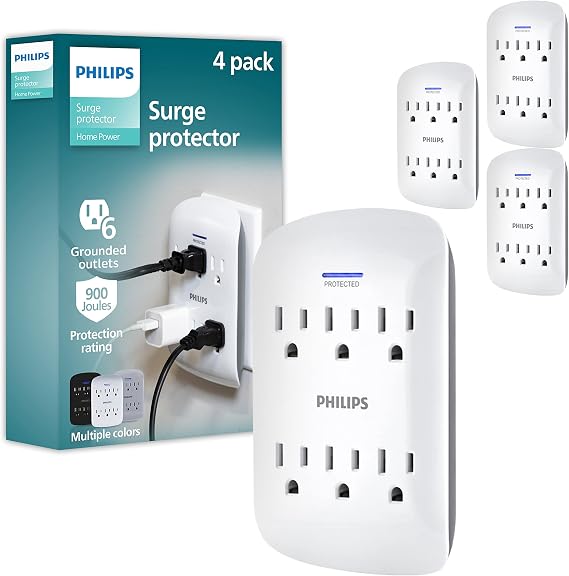 Philips 6-Outlet Extender Surge Protector, 900 Joules, 3 Prong | Space-Saving Design, Protected Indicator LED Light, 4 Pack, White, SPP3469WA/37