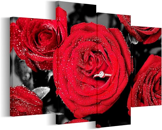 iHAPPYWALL 4 Panel Rose Canvas Wall Art Red Rose on Black Painting Floral Pictures Modern Romantic Artwork Home Bedroom Decor Stretched and Framed