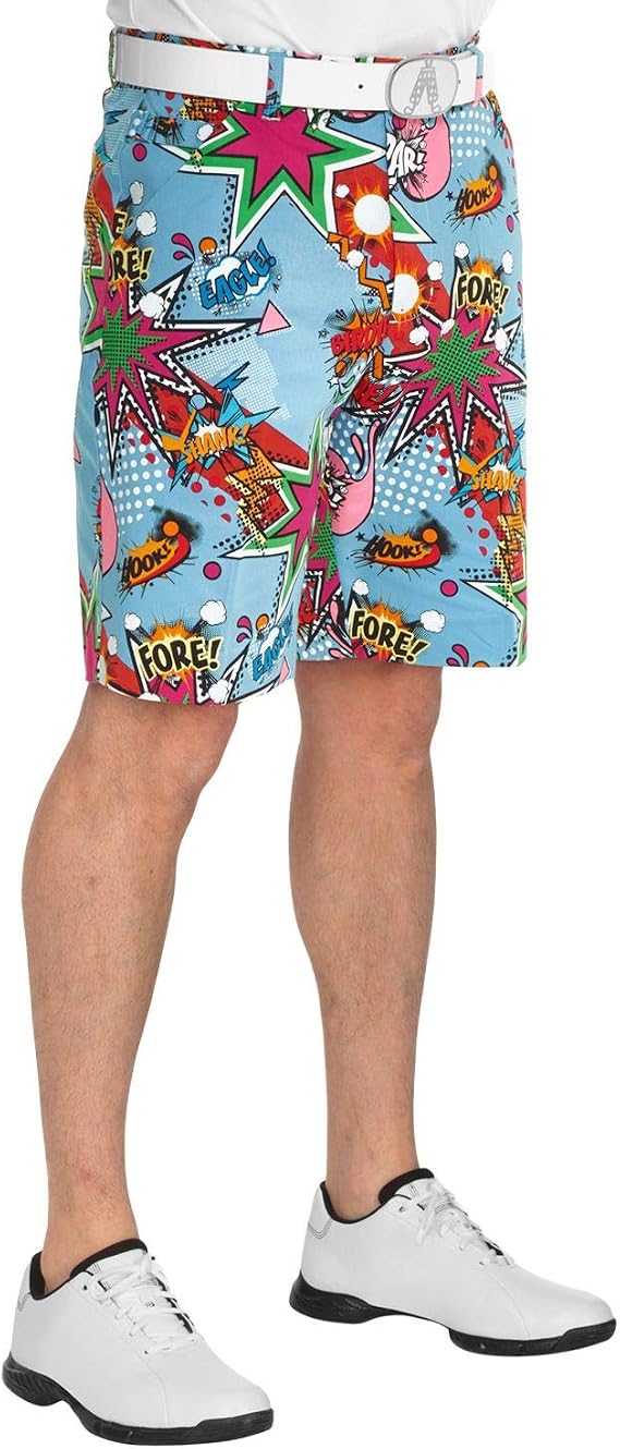 Royal & Awesome Partoon Mens Golf Shorts 34W, Crazy Shorts for Men with White Mens Golf Belt