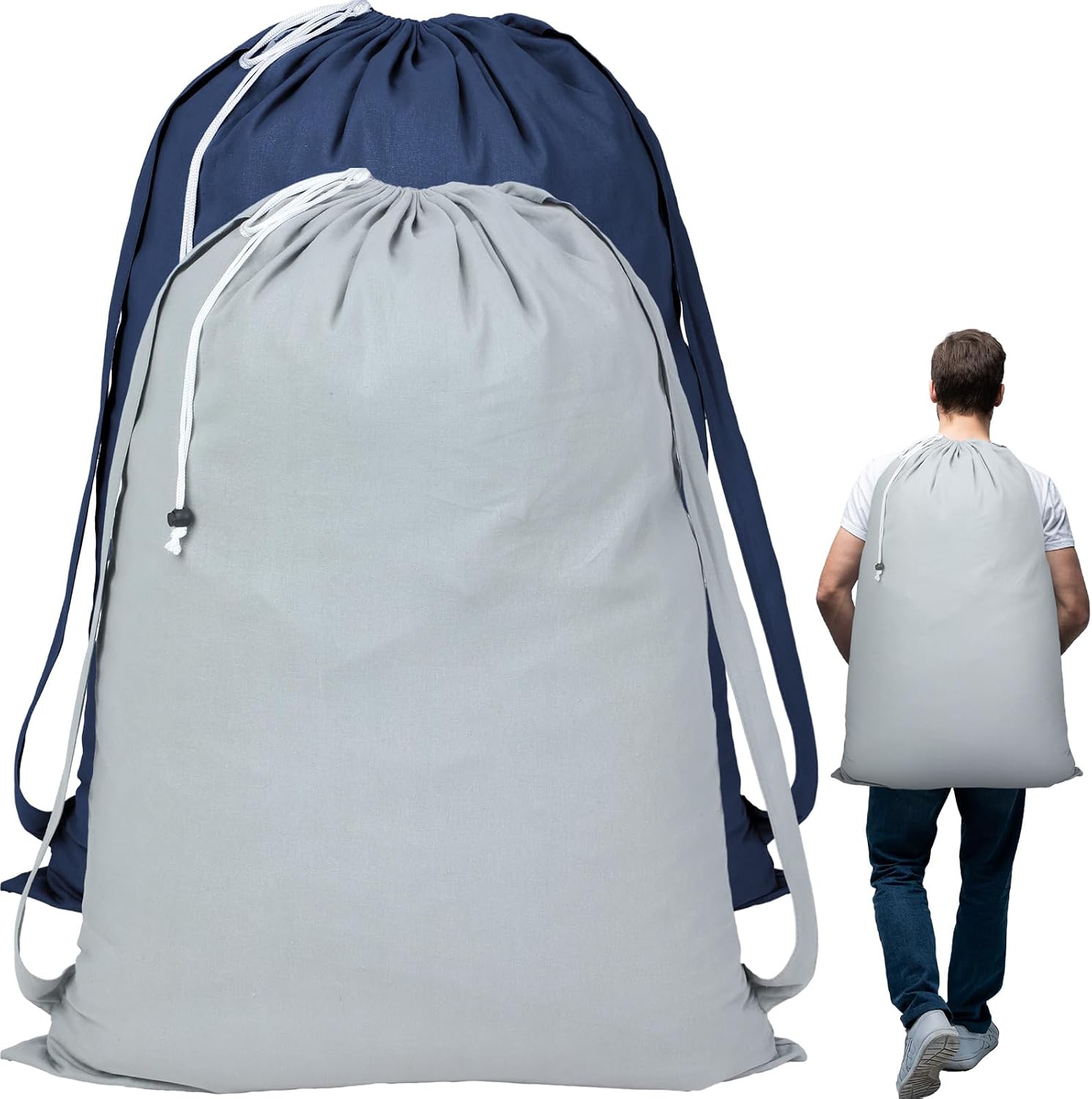 2 Pcs Extra Large Laundry Bag with Straps 24 x 32 Inch Polyester Cotton Laundry Backpack Heavy Duty Hamper Bag Collapsible Large Dirty Clothes Bag for College Travel Dorm Camping