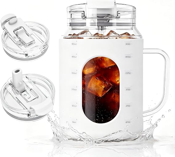 Zenbo 50oz Glass Tumbler with Handle, 2-in-1 Straw & Sip Lid