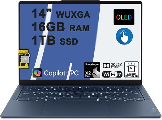 Lenovo Yoga Slim 7X Laptop 14" WUXGA OLED Touch (100% DCI-P3, 400nits) 6-core Snapdragon X2 Plus (Up to 80 Tops) 16GB RAM 1TB SSD Backlit for Creator Designer Business Professional Win11 ICP Acc