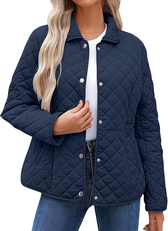 Women Quilted Jackets Winter Warm Diamond Puffer Jacket Long Sleeve Button Down Casual Coats Outerwear with Pockets