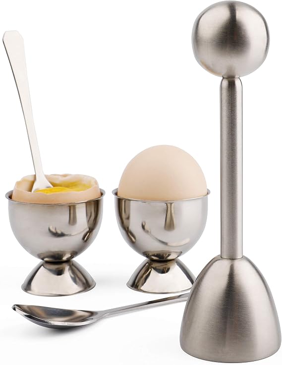 Egg Cracker Topper Cutter Set for Soft Boiled Eggs | Stainless Steel Shell Remover Separator Include 2 Egg Cups 2 Spoons 1 Topper Cutter