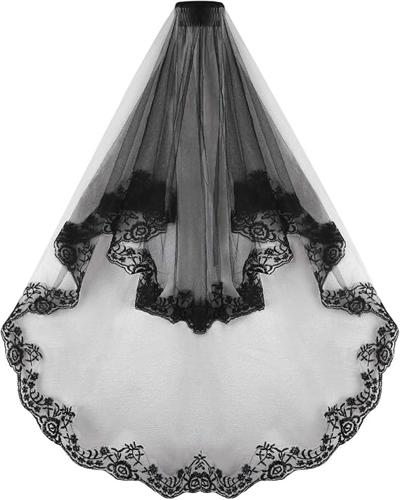 MioCloth Black Lace Veil Wedding Cathedral Wedding Bride Halloween Gothic Costume Veil