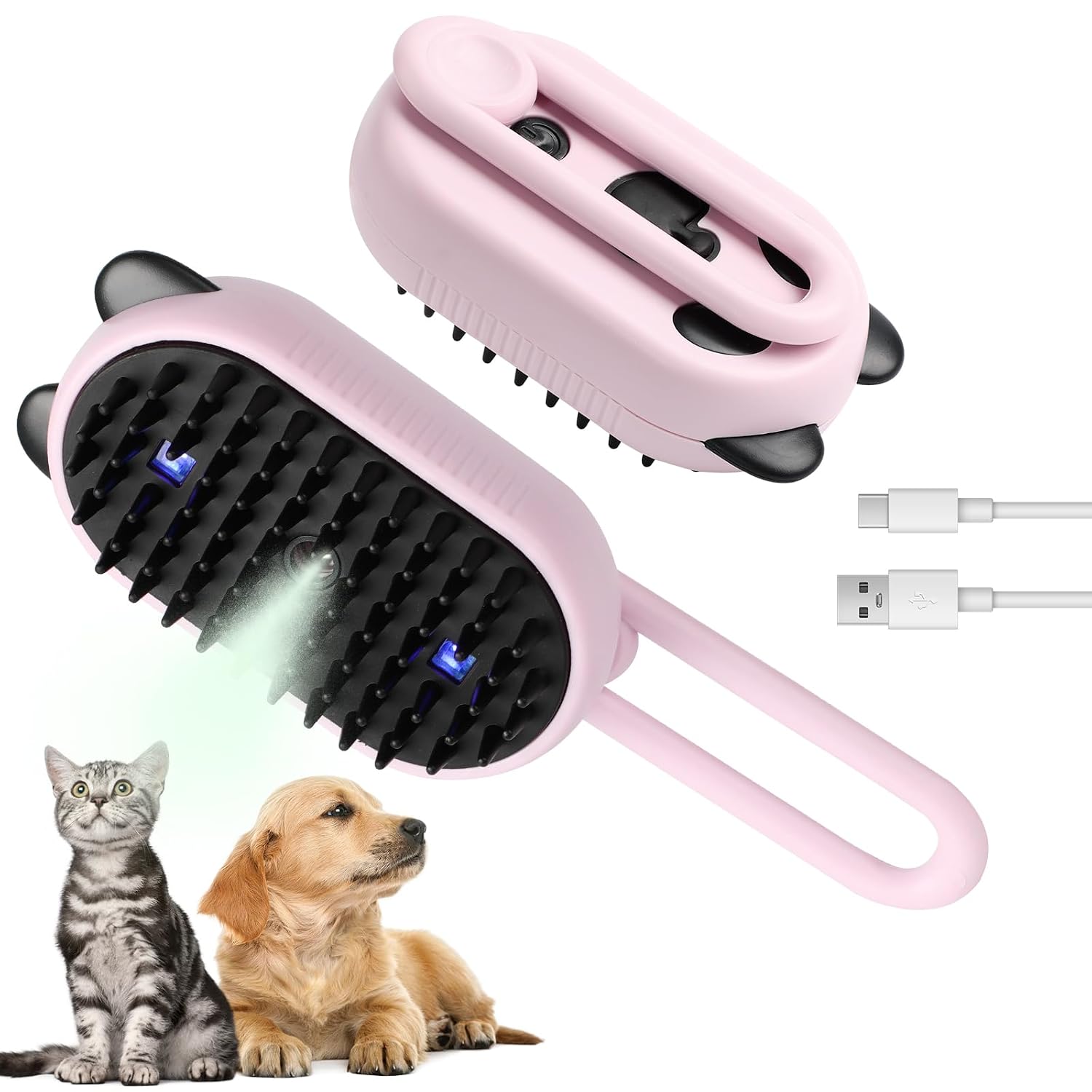 Pet Steam Groomer Brush, 3 In 1 Cat Steam Brushs For Shedding, Pet Steam Groomer Comb for Massaging and Cleaning Shedding Hair, Long Handle Silicone CatDog Brush with Steam Pink