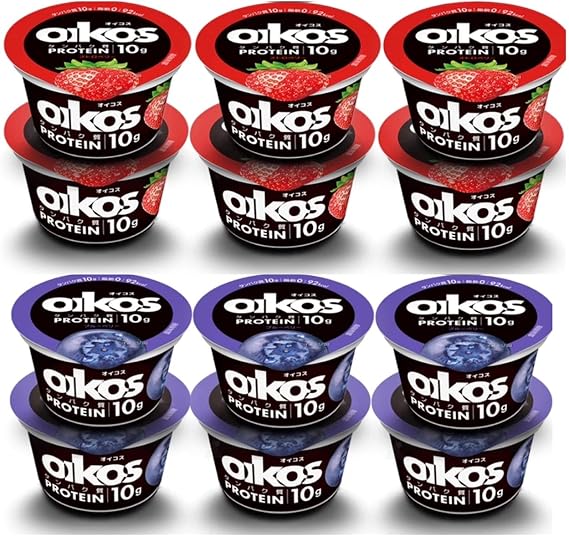 Dannon Yogurt, Oicos, 2 Sample Types, Set of 6 Each, 3.9 oz 110 g, Pack of 12 Blueberry, Strawberry
