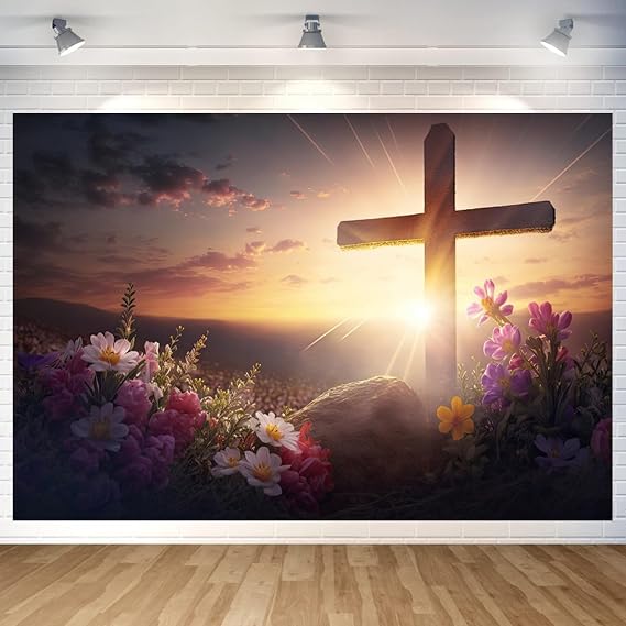 Sunrise Holy Light Cross Backdrop Resurrection of Jesus Photography Background Tomb Fresh Flower Christian Church Event Decor Easter Photo Studio Props Vinyl 7 * 5ft (B)
