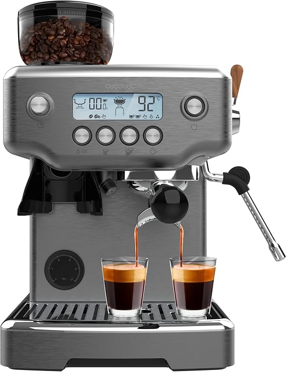 Cecotec Barista Power Espresso 20 Barista Steel & Grind Espresso Maker. 2200W, 20 Bars, Conical Mill, 2.1L Water Tank, 180g Coffee, 30 Levels, Thermoblock, Double Arms, Accessories Included