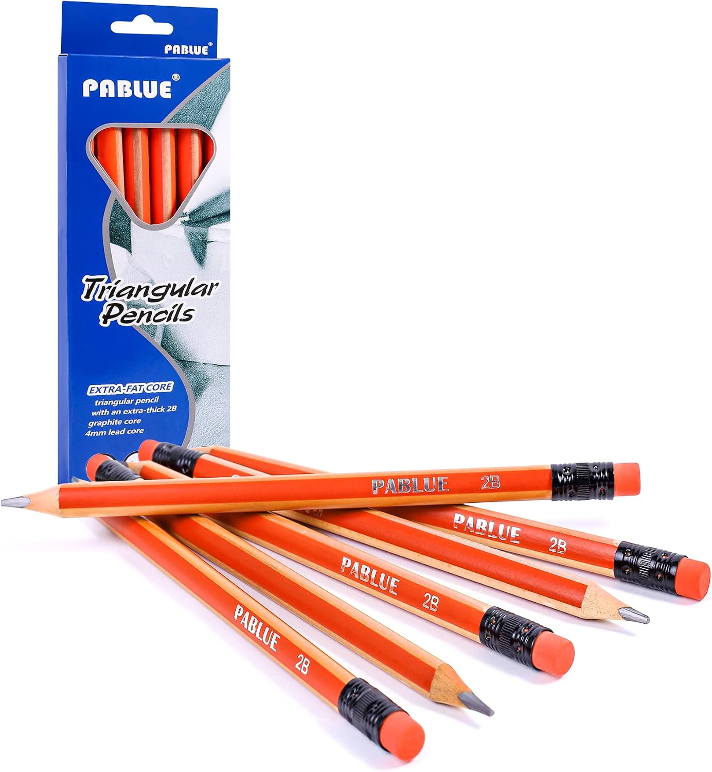 Fat, Thick, Strong Triangular Presharpened 2B Pencils, Jumbo Wood Pencils with Eraser for Beginners, Writing, Drawing, school, Art, Sketching and ShadingOrange, 6 Count