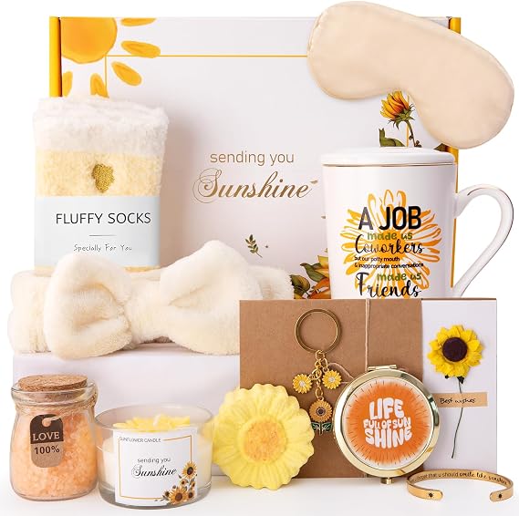 Thank You Gifts for Women Coworkers, 12PCS Farewell Appreciation Goodbye Going Away Gifts for Coworker Friends Teacher Employee Office Sunflower Basket Set with Card