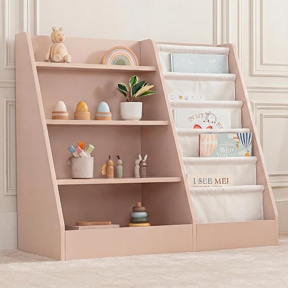 Comfy Cubs Kids Bookshelf 35.2 x 15.7 x 31.5 Inches - Sturdy MDF Montessori Book Shelf with Soft & Hard Shelves for Toys & Books - Child-Friendly, Easy Access Storage Organizer for Kids - Blush