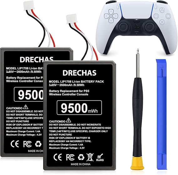 PS5 Controller Battery 2 Pack, 2026 New Upgraded Capacity 9500mWh LIP1708 Replacement Battery for Sony PlayStation 5 DualSense CFI-ZCT1W Wireless Controller with Repair Tool Kit