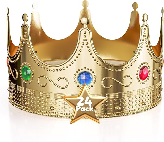 Crown Display Gold Royal Queen and King Crown Luxurious Royal Crowns for Women and Men - 24 Pack 0.75" x 8" Perfect for Parties Prom King Regal Decor & Crowns for Royalty Themed Events