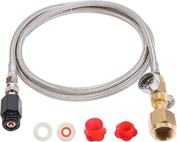 CO2 Tank CO2 Cylinder Direct Adapter with 60in Stainless Steel Hose Pressure Gauge & Exhaust Valve, CGA320 to TR21-4 Soda Maker Connector for Fizzi One Touch Jet Ninja Thirsti