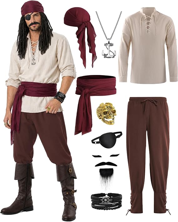 Vanderdyken 9 Pcs Pirate Costume Men Medieval Costume Renaissance Viking Outfit with Shirt Pant Accessories Set for Halloween