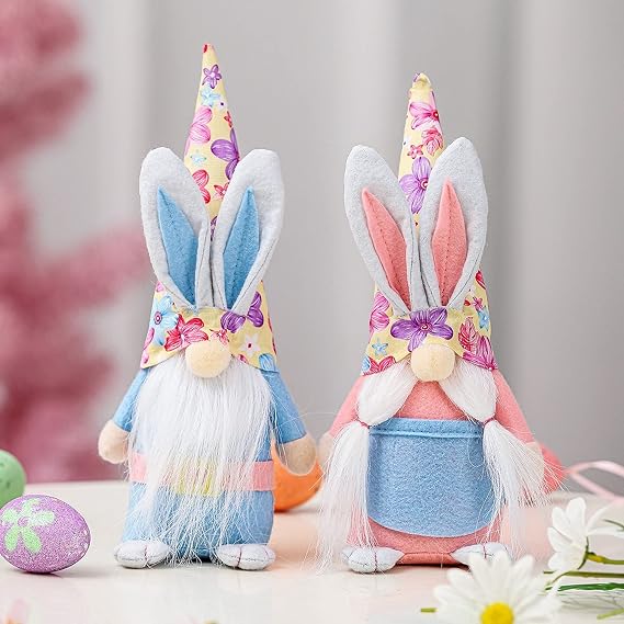 2Pcs Easter Decoration Gnomes, Rabbit Bunny Ears Elf Swedish Tomte, Lucky Lily Hat Indoor Table Ornaments Gifts, Pink Blue Spring Handmade Nisse Figurine Plush Decor for Holiday, Party Home
