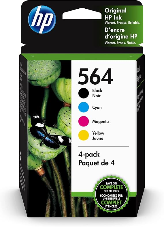 HP 564 Black, Cyan, Magenta, Yellow Ink (4-Pack) | Works with DeskJet 3500; OfficeJet 4620; PhotoSmart B8550, C6300, D5400, D7560, 5500, 6510, 6520, 7500, Plus, Premium, eStation | 3YQ22AN