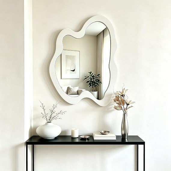 Irregular Wall Mirror - 20" x 28" Asymmetrical Wavy Mirror, Modern Decorative Wall Mirror with Black Wood Frame for Bedroom, Living Room, Entryway, Bathroom, Cloakroom