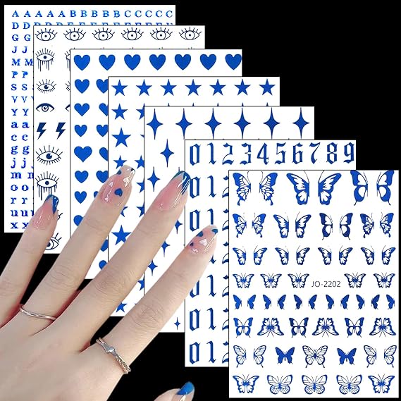 7 Sheets Blue Nail Art Stickers, 3D Geometry Nail Transfer Decals, Butterfly Heart Letters Numbers Stars Eyes Nail Self-Adhesive Sticker Design for Women Girls Manicure Charms Decorations