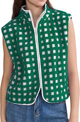 Womens Checkered Sherpa Vest Sleeveless Winter Fleece Jacket Zip Up High Neck Warm Plaid Gilet with Pockets
