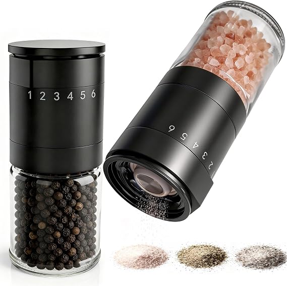Manual Salt and Pepper Grinder Set, Black Pepper Grinder with Base Cover, 100ml Short Glass Shakers for Peppercorn with 6 Adjustable Coarseness Birthday Gifts for Women Mom