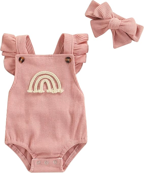 Boho Rainbow Baby Girl Clothes Newborn Infant Ruffled Sleeveless Romper with Headband Outfit