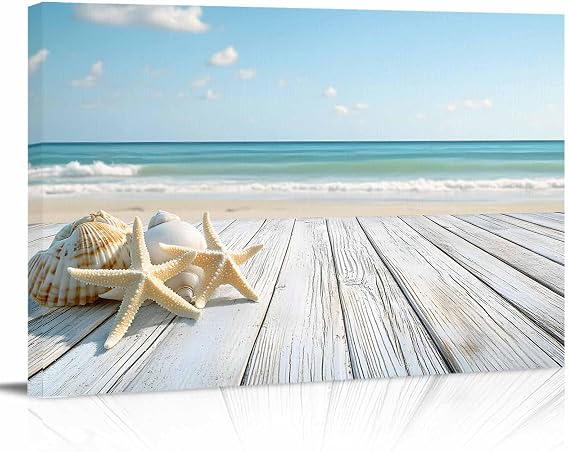 Summer Beach Wall Decor for Living Room Bedroom, Ocean Coastal Starfish Seashells Blue Sky Bathroom Canvas Wall Art Aesthetic Modern, Kitchen Office Wood Oil Painting Pictures 24"x16"