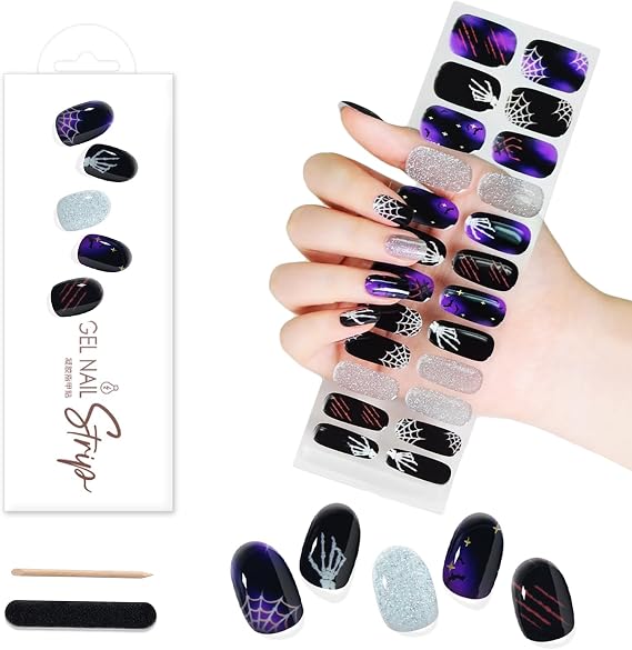 WOKOTO 1 Sheet 24 Tips Luminous Halloween Semi Cured Gel Nail Strips - Skeleton, Spiderweb Halloween Nail Polish Strips Stickers, Works With Lamps, Salon-Quality, Long Lasting, Easy To Apply & Remove