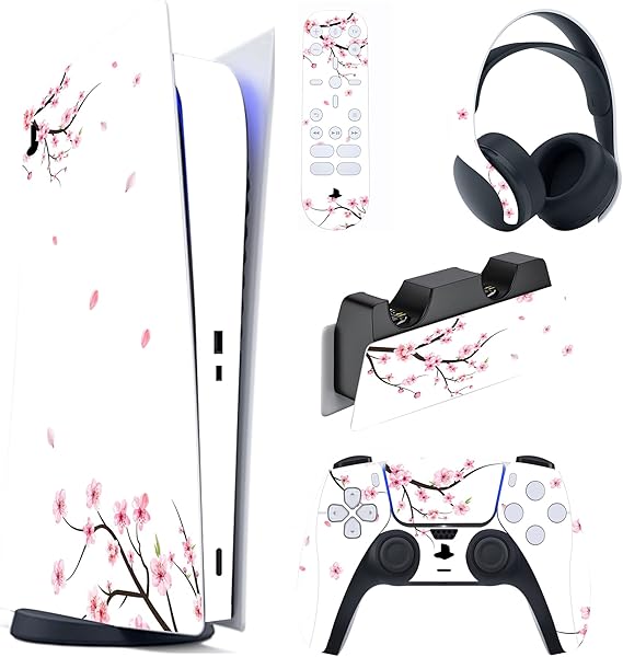 PlayVital Falling Cherry Blossom Full Set Skin Decal for ps5 Console Digital Edition, Sticker Vinyl Decal Cover for ps5 Controller & Charging Station & Headset & Media Remote