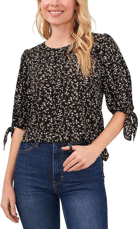 CeCe Womens Textured Tie Sleeve Blouse