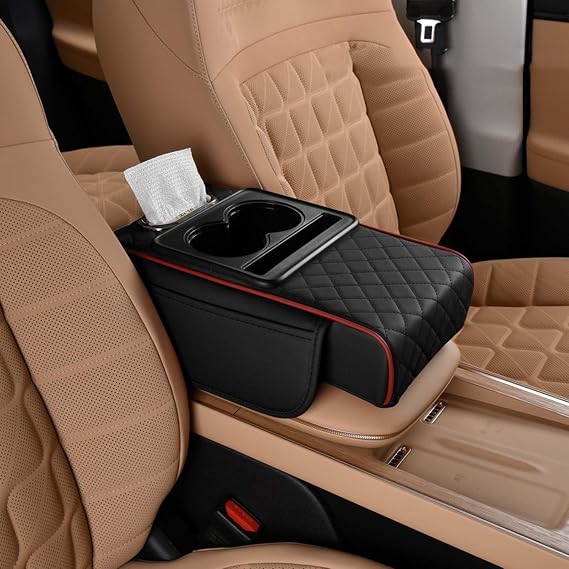 Multifunctional Pu Leather Car Armrest Box Mat, 5-in-1 Car Armrest Storage Box, Leather Car Armrest Box Pad with Cup Holders Tissue Box Slot and Phone Holder for Most Car Models (Black and red)