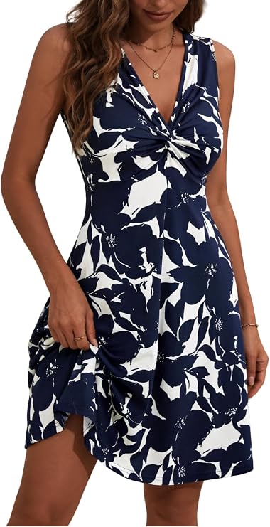 HUHOT Women's Twist Front Summer Mini Petite Sun Dresses with Pockets 2026