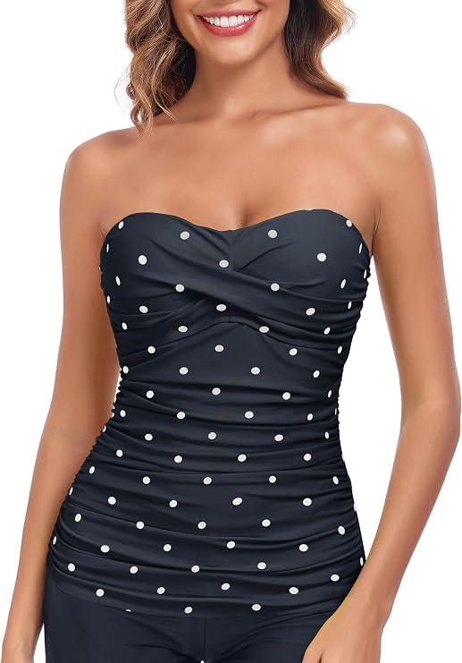 RELLECIGA Women's Tummy Control Tankini Top Bandeau Strapless Swim Tops | Ruched,Twist Front,Removable and Adjustable Straps,Built-in Molded Cup,Slimming Bathing Suit Top,Beach,Resort,Pool